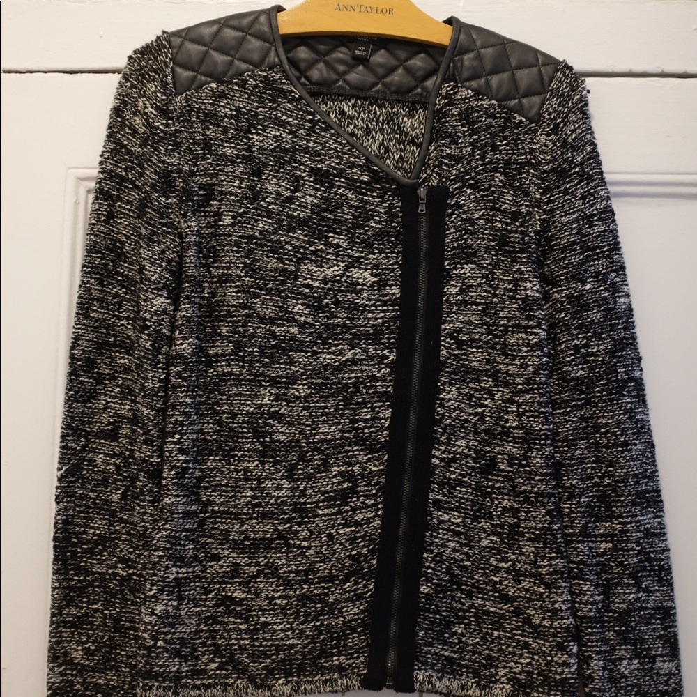 Ann Taylor sweater jacket with leather trim // Black & white // size SP